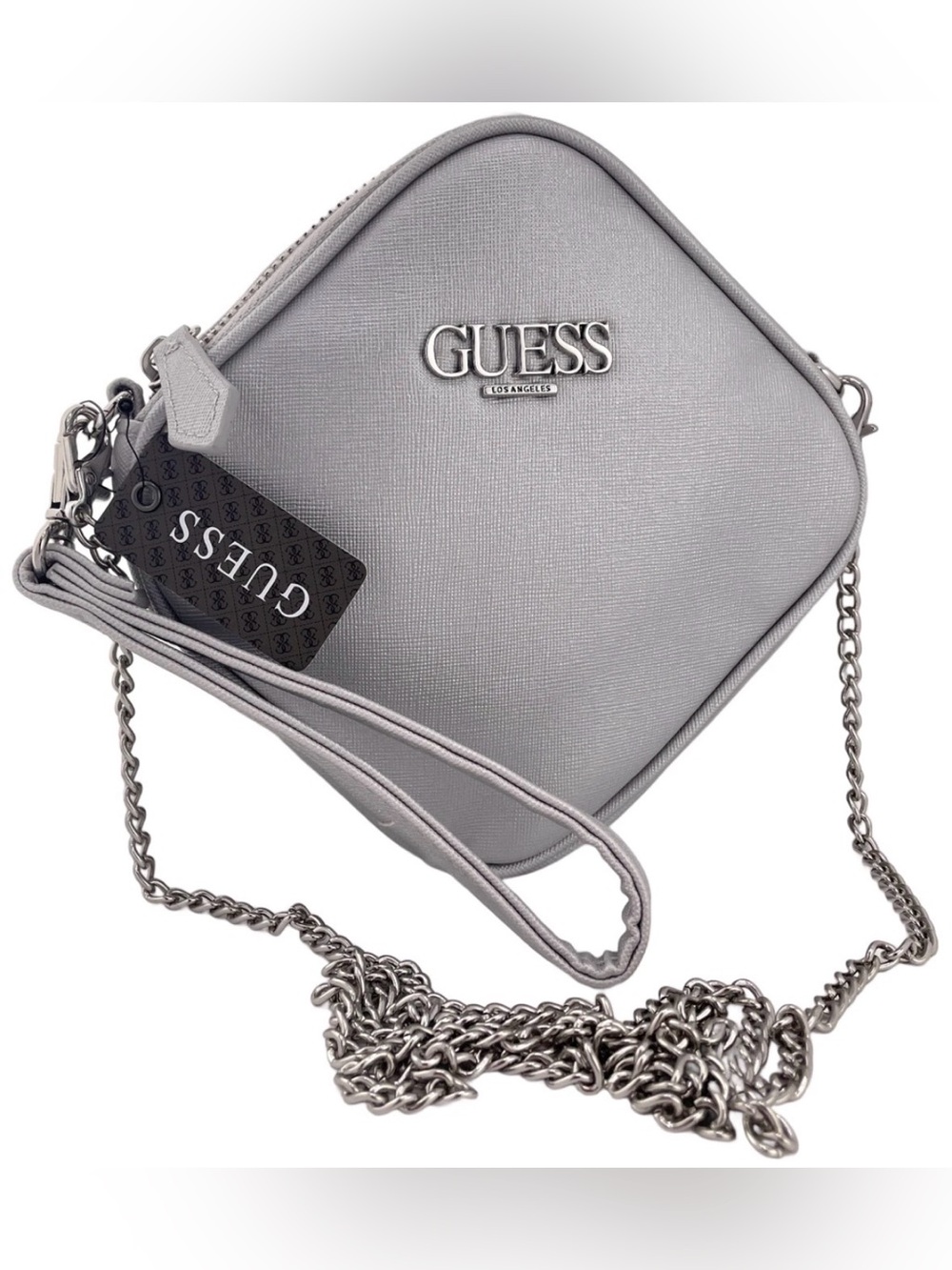 GUESS Light Gray Saffiano Crossbody Bag with Silver Chain